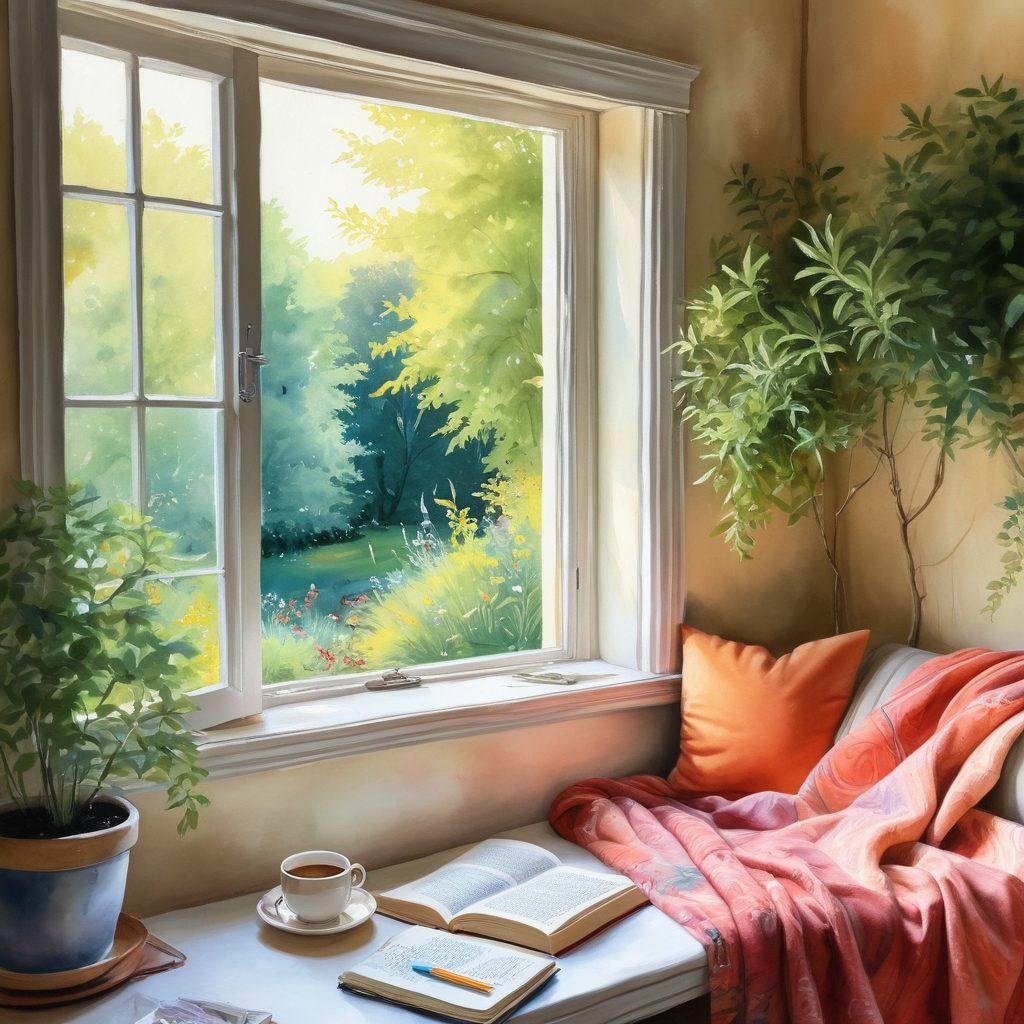 A serene scene depicting a cozy reading nook with a window showcasing a lush garden outside. Incorporate a warm cup of herbal tea, soft blankets, and a journal with colorful pens, symbolizing reflection and relaxation. Add gentle sunlight filtering through the foliage, creating a peaceful atmosphere that evokes happiness and tranquility. watercolor painting. soft pastels. warm lighting.