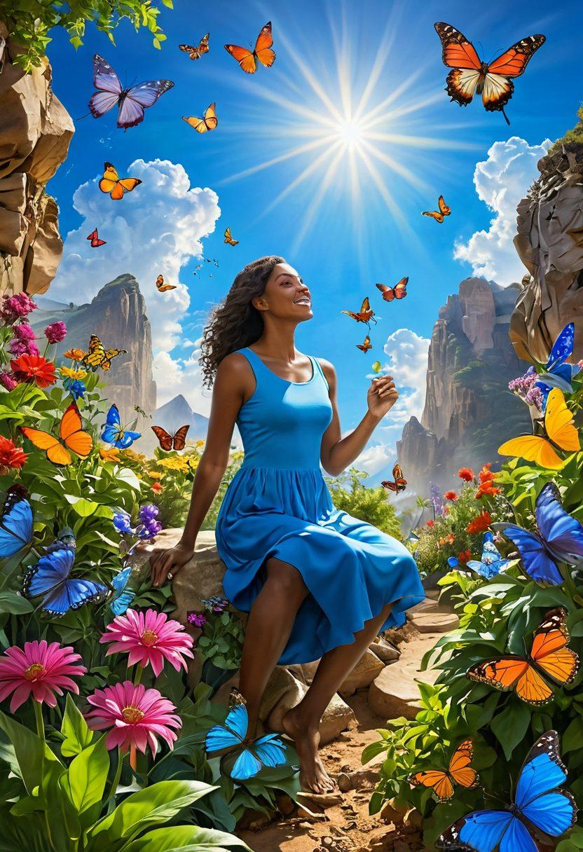 A vibrant garden with diverse plants thriving amidst rocky terrain, symbolizing resilience. In the center, a strong figure is joyfully planting seeds of hope and opportunity, surrounded by butterflies and birds representing change and growth. The sky is a bright blue with rays of sunlight breaking through clouds, highlighting the transformation of challenges into beauty. super-realistic. vibrant colors. bright background.