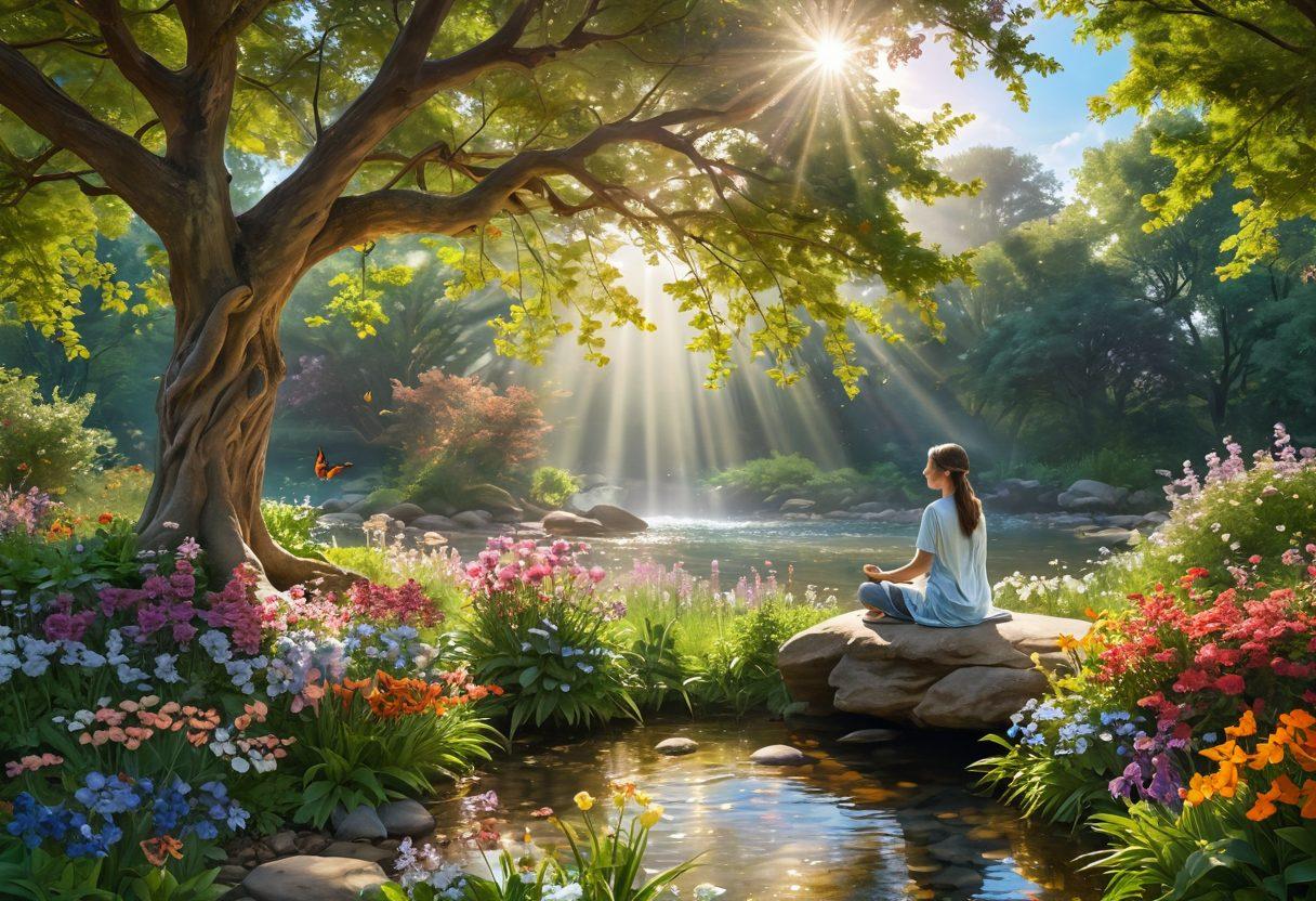 A serene garden filled with blooming flowers and a gentle stream, where a peaceful figure practices meditation under a large tree. The sun beams through soft clouds, casting warm light on the scene, symbolizing joy and mindfulness. Include elements like floating butterflies and a rainbow in the background to evoke happiness. super-realistic. vibrant colors. tranquil atmosphere.